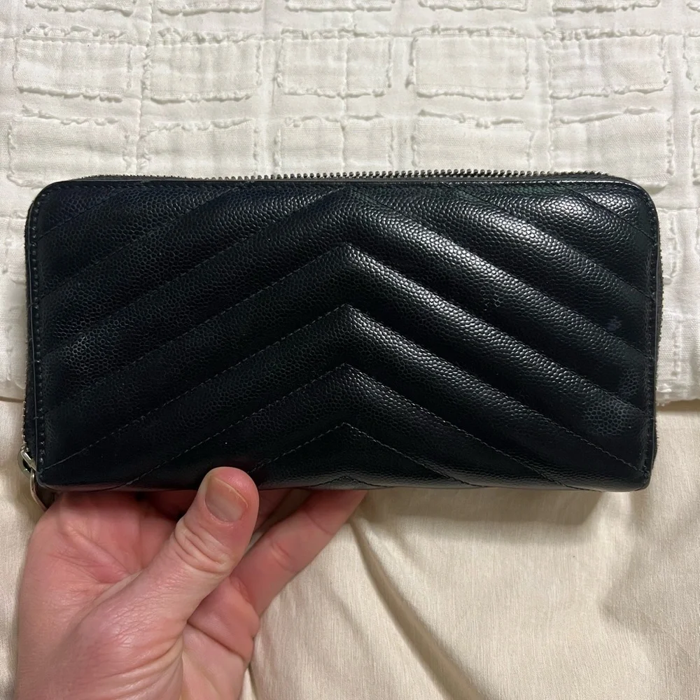 Saint Laurent Black Chevron Quilted Leather Zip-Around Wallet with Silver YSL - Picture 5 of 5